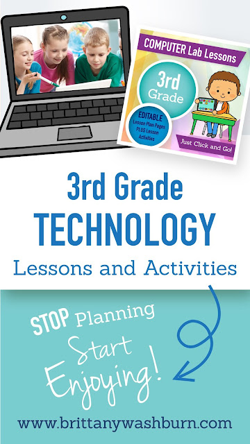 3rd grade technology lesson plans and activities for the entire school year that will make a great supplement to your technology curriculum. These lesson plans and activities will save you so much time coming up with what to do during your computer lab time. Ideal for a technology teacher or a 3rd grade teacher with mandatory lab time. All of the work is done for you!