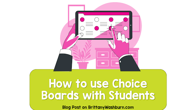 What are choice boards?  A choice board is a graphic organizer that allows students to choose from different ways to show their learning. Choice boards are set up in a grid, generally with 6-9 squares (although you can include more or fewer if desired).