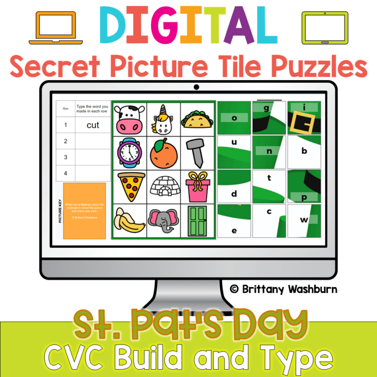 CVC Words Saint Patrick's Day Digital Secret Picture Tile Puzzles